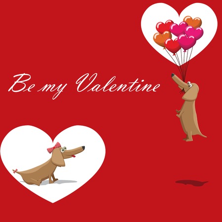 Valentines Day, dog with balloons flying, postcard text be my valentineのイラスト素材