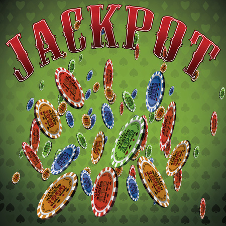 Poker chips many falling green background text Jackpot.のイラスト素材