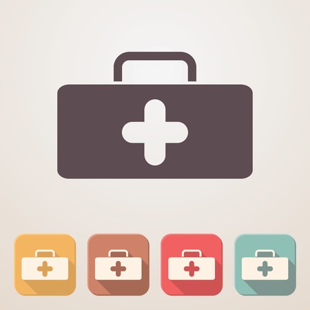 Medical bag flat icon set in color boxes with shadow.のイラスト素材