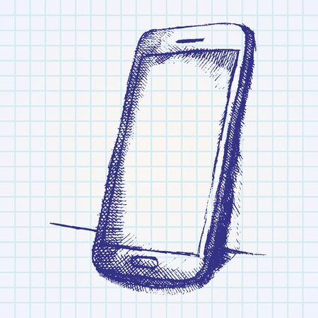 Handdrawn sketch of mobile phone with shadow on paper notebook.のイラスト素材
