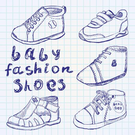 Baby fashion shoes set sketch handdrawn on notebook paper.のイラスト素材