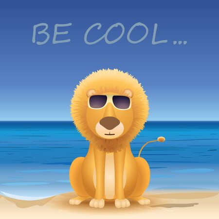 Cartoon lion sitting on beach, text Be cool.のイラスト素材