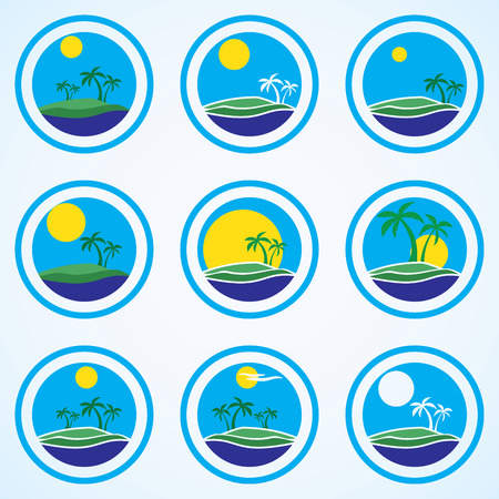 Palm trees and sun, beach resort logo design template. tropical island or vacation icon set.のイラスト素材