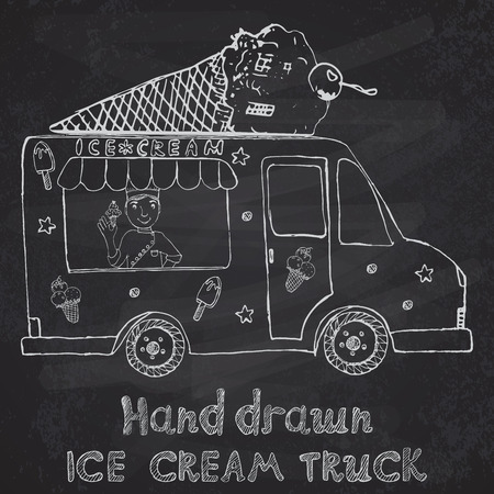 Hand drawn sketch Ice Cream Truck with yang man seller and Ice Cream cone on top, on chalkboard.のイラスト素材