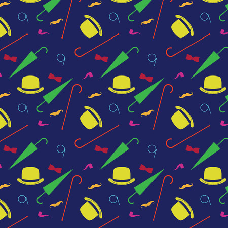 Retro gentleman elements - bowler, moustache, tobacco pipe monocle, cane and umbrella seamless pattern.のイラスト素材