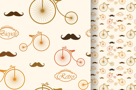 Retro bicycle and moustache, seamless pattern, vintage elements background.のイラスト素材