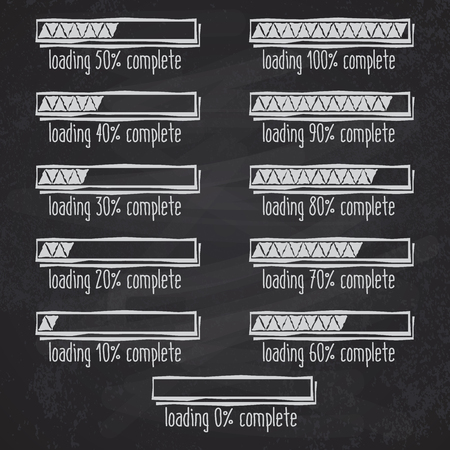 progress loading bar from 0 to 100 percent complete, hand drawn effect, set on chalkboard.のイラスト素材