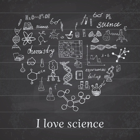 Chemistry and sciense elements doodles icons set. Hand drawn sketch with microscope, formulas, experiments equpment, analysis tools, vector illustration on chalkboard background.のイラスト素材