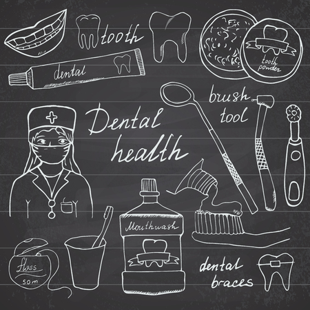 Dental health doodles icons set. Hand drawn sketch with teeth, toothpaste toothbrush dentist mouth wash and floss. vector illustration on chalkboard background.のイラスト素材