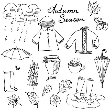 Autumn season set doodles elements. Hand drawn set with umprella cuo of hot tea, rain, rubber boots, clothes and leevs collection. Drawing doodle collection, isolated on white background.のイラスト素材