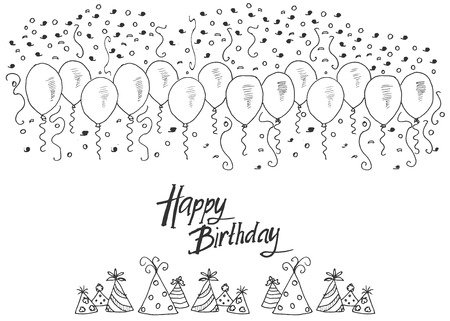 Hand drawn party background with balloons, confetti and party hats, hand writen lettering text happy birthday, isolated on white.のイラスト素材