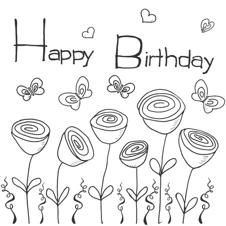 Hand drawn party background with flowers, butterflies and hearts, hand writen lettering text happy birthday, isolated on white.のイラスト素材