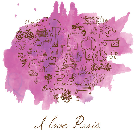 Paris doodles elements. Hand drawn set withefel tower bred cafe flowers and bicycle. Drawing doodle collection, on watercolor stain.のイラスト素材