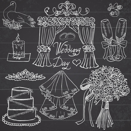 Wedding day elements. Hand drawn set with flowers, candle, glasses for champaign and festive attributes. Drawing doodle collection, on chalkboard background.のイラスト素材