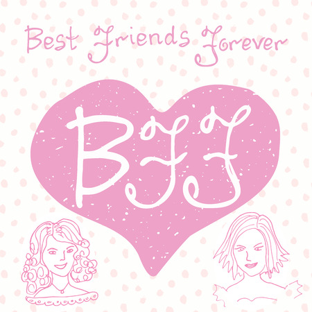 Best friends forever. Hand lettering quote, BFF letters in shape of heart, cute illustration on a creative vector background.のイラスト素材