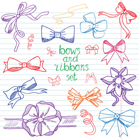 Hand drawn ribbons and bows set vector illustration. A collection of graphic ribbons and bows, design elements set.のイラスト素材