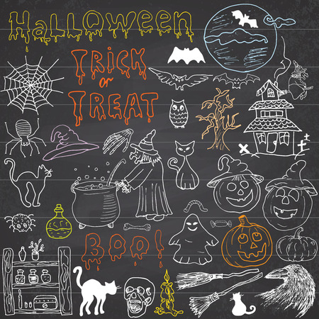 Sketch of halloween design elements with punpkin, witch, black cat, ghost, skull, bats, spiders with web. Doodles set with Lettering, Hand-Drawn Vector Illustration on chalkboard backgroundのイラスト素材