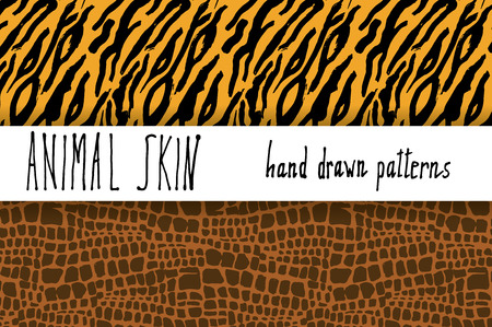 Animal skin hand drawn texture, Vector seamless pattern set, sketch drawing clocodile and tiger skin textures.のイラスト素材