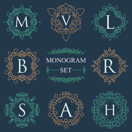 Monogram Logos Set Graphic Logo template flourishes elegant ornament lines. Business sign, identity for Restaurant, Royalty, Boutique, Hotel, Heraldic, Jewelry, Fashion, vector illustrationのイラスト素材