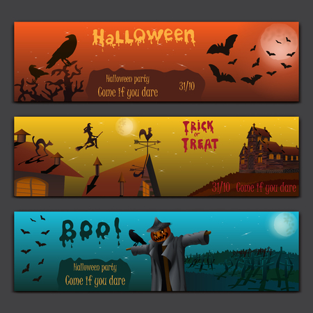 Halloween cards baners design vector set with pumpkin, witch, bats, scarecrow and haunted house.のイラスト素材