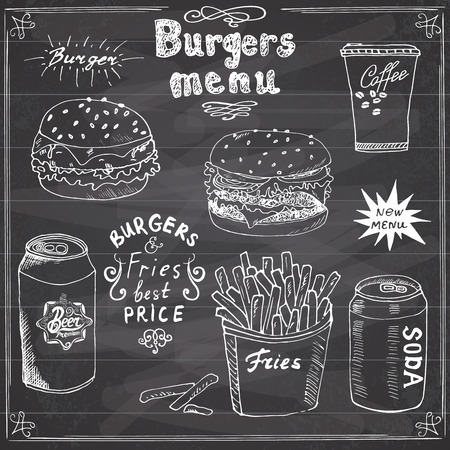 Burger Menu hand drawn sketch. Fastfood Poster with hamburger, cheeseburger, potato sticks, soda can, coffee mug and beer can. Vector illustration with lettering, on Chalkboard.のイラスト素材
