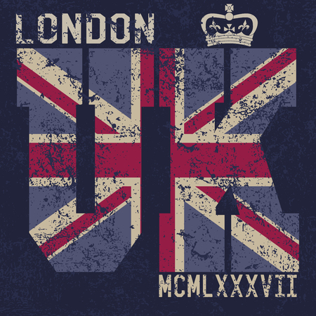 T-shirt Printing design, typography graphics, London United kingdom, grunge flag vector illustration Badge Applique Label.のイラスト素材
