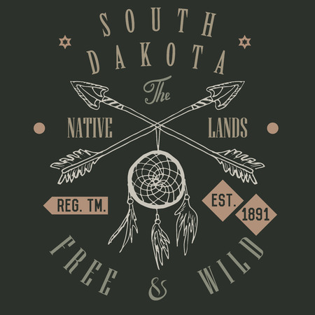 T-shirt Printing design, typography graphics, Free and wild the native lands vector illustration with dreamcatcher crossed arrows hand drawn sketch. Vintage retro style Badge Applique Label.のイラスト素材