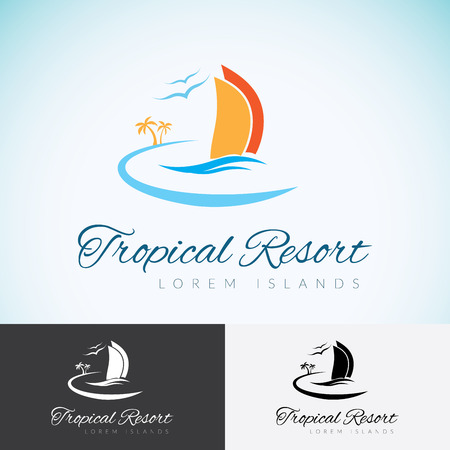 Yacht, Palm trees and sun, travel company   design template. sea cruise, tropical island or vacation   icon.のイラスト素材