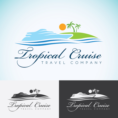 Yacht, Palm trees and sun, travel company   design template. sea cruise, tropical island or vacation   icon.のイラスト素材