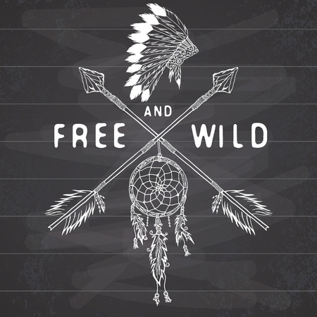 Dream catcher and crossed arrows, tribal legend in Indian style with traditional headgeer. dreamcatcher with bird feathers and beads. Vector vintage illustration, Letters Free and Wildのイラスト素材