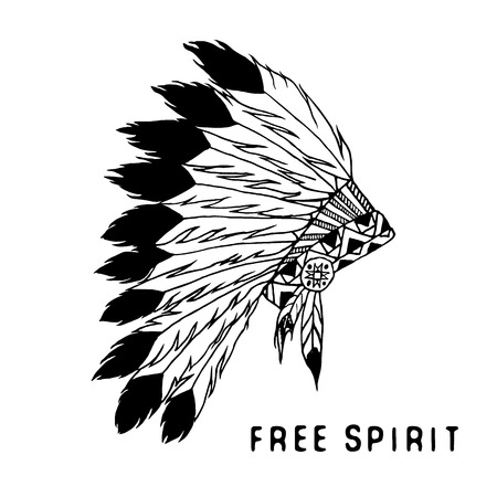 Tribal legend in Indian style, Native american traditional headgeer with bird feathers and beads. Vector illustration, letters Free and Wild spirit and soul. isolatedのイラスト素材
