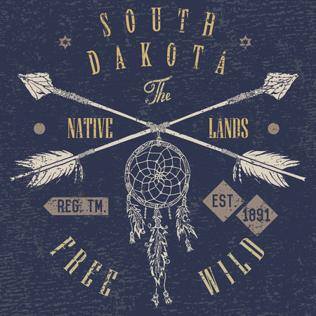 T-shirt Printing design, typography graphics, Free and wild the native lands vector illustration with dreamcatcher crossed arrows hand drawn sketch. Vintage retro style Badge Applique Label.のイラスト素材