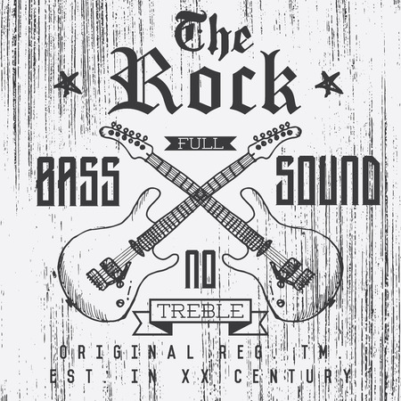 T-shirt Printing design, typography graphics, The Rock full bass sound vector illustration with  grunge crossed guitars hand drawn sketch. Badge Applique Label.のイラスト素材