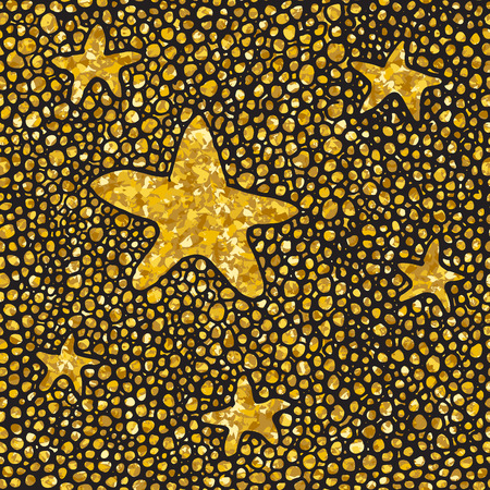 Hand drawn dotted seamless gold glitter pattern. brush stars and dots seamless pattern, vector illustration.のイラスト素材