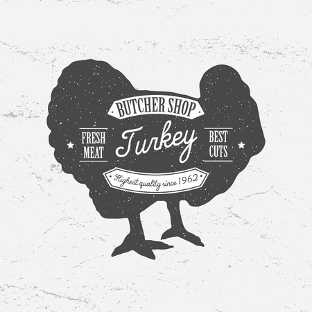 Butcher Shop Logo template retro style. Vintage Design for Logotype, Label, Badge and brand design. Turkey silhouette retro vector illustration.のイラスト素材