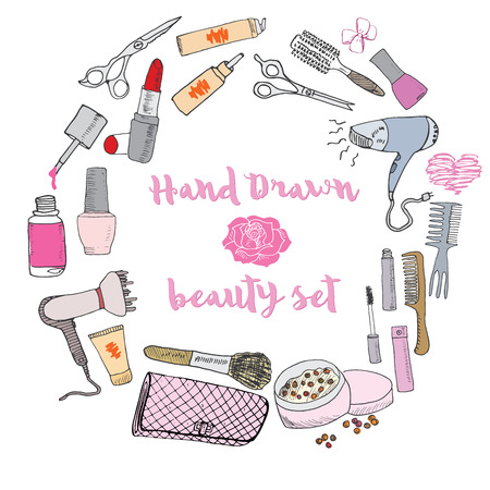 Hand drawn collection of make up, cosmetics and beauty items set, with hairbrushes, dryers, lipstick and nails  illustration isolated.のイラスト素材