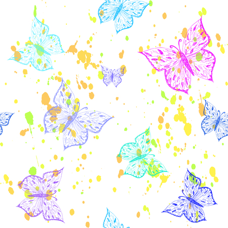 Butterfly seamless pattern. Ornamental hand drawn sketched colorful  vector illustration, isolated on white background.のイラスト素材