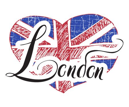 London hand lettering sign with grunge united kingdome flag in shape of heart, isolated on white background vector Illustration.のイラスト素材
