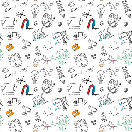 Physics iand sciense seamless pattern with sketch elements Hand Drawn Doodles background Vector Illustration.のイラスト素材