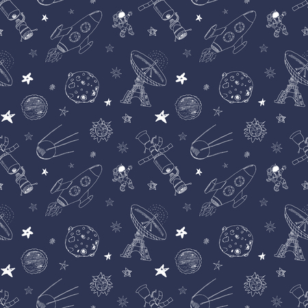 Space doodles icons seamless pattern. Hand drawn sketch with meteors, Sun and Moon, radar, astronaut rocket and stars. vector illustration.のイラスト素材
