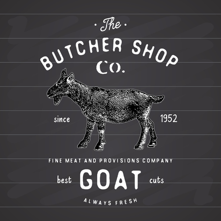 Butcher Shop vintage emblem goat meat products, butchery template retro style. Vintage Design for , Label, Badge and brand design. vector illustration on chalkboard.のイラスト素材