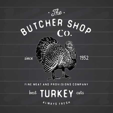 Butcher Shop vintage emblem turkey meat products, butchery template retro style. Vintage Design for , Label, Badge and brand design. vector illustration on chalkboard.のイラスト素材