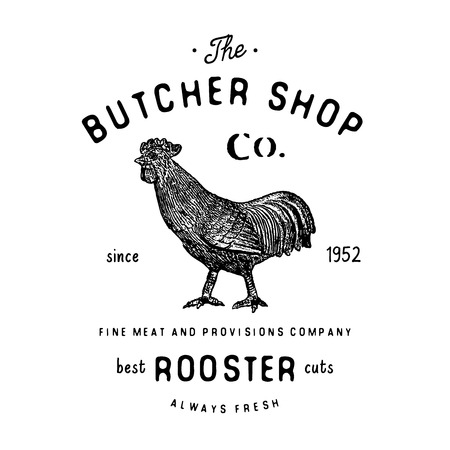Butcher Shop vintage emblem rooster meat products, butchery template retro style. Vintage Design for , Label, Badge and brand design. vector illustration isolated on white.のイラスト素材