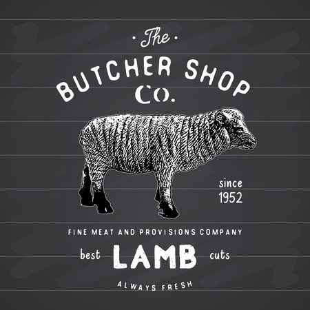 Butcher Shop vintage emblem lamb meat products, butchery Logo template retro style. Vintage Design for Logotype, Label, Badge and brand design. vector illustration on chalkboard..のイラスト素材