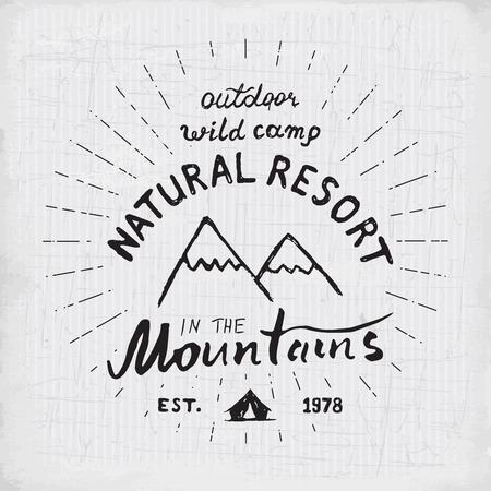 Mountains handdrawn sketch emblem. outdoor camping and hiking activity, Extreme sports, outdoor adventure symbol, vector illustration on grunge background.のイラスト素材
