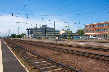 DEBRECEN, HUNGARY, MAY 12, 2014. City landscape view of train station of Debrecen, Hungary with railways going in to horizon.のeditorial素材