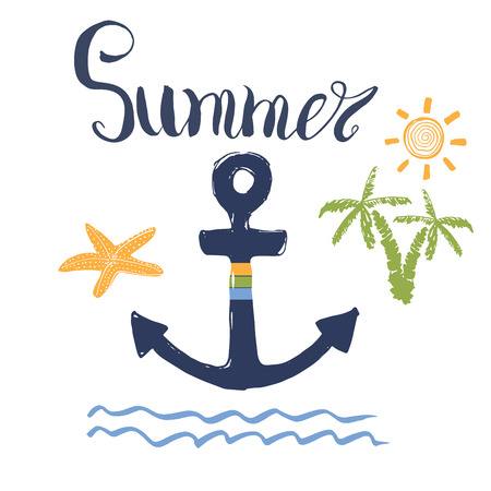 Summer Vector Illustration, Anchor, Palms and Lettering Isolatedのイラスト素材