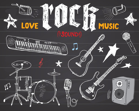 Music Instruments Set. Hand Drawn Sketch, Vector Illustration On Chalkboardのイラスト素材