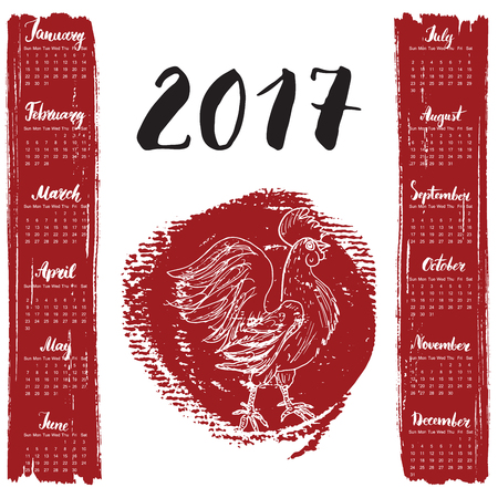 Calendar 2017 Year, With Hand Drawn Red rooster. Month Lettering, Week Starts Sunday. Vector illustrationのイラスト素材