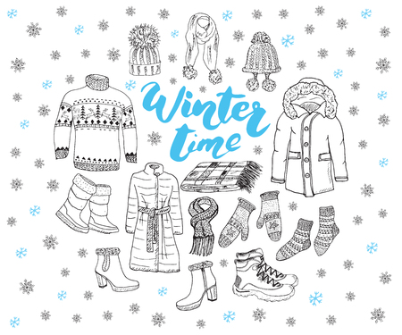 Winter season set doodle elements. Hand drawn sketch colection with boots, clothes, warm blanket, socks, gloves and hats. Lettering winter time. vector illustrationのイラスト素材